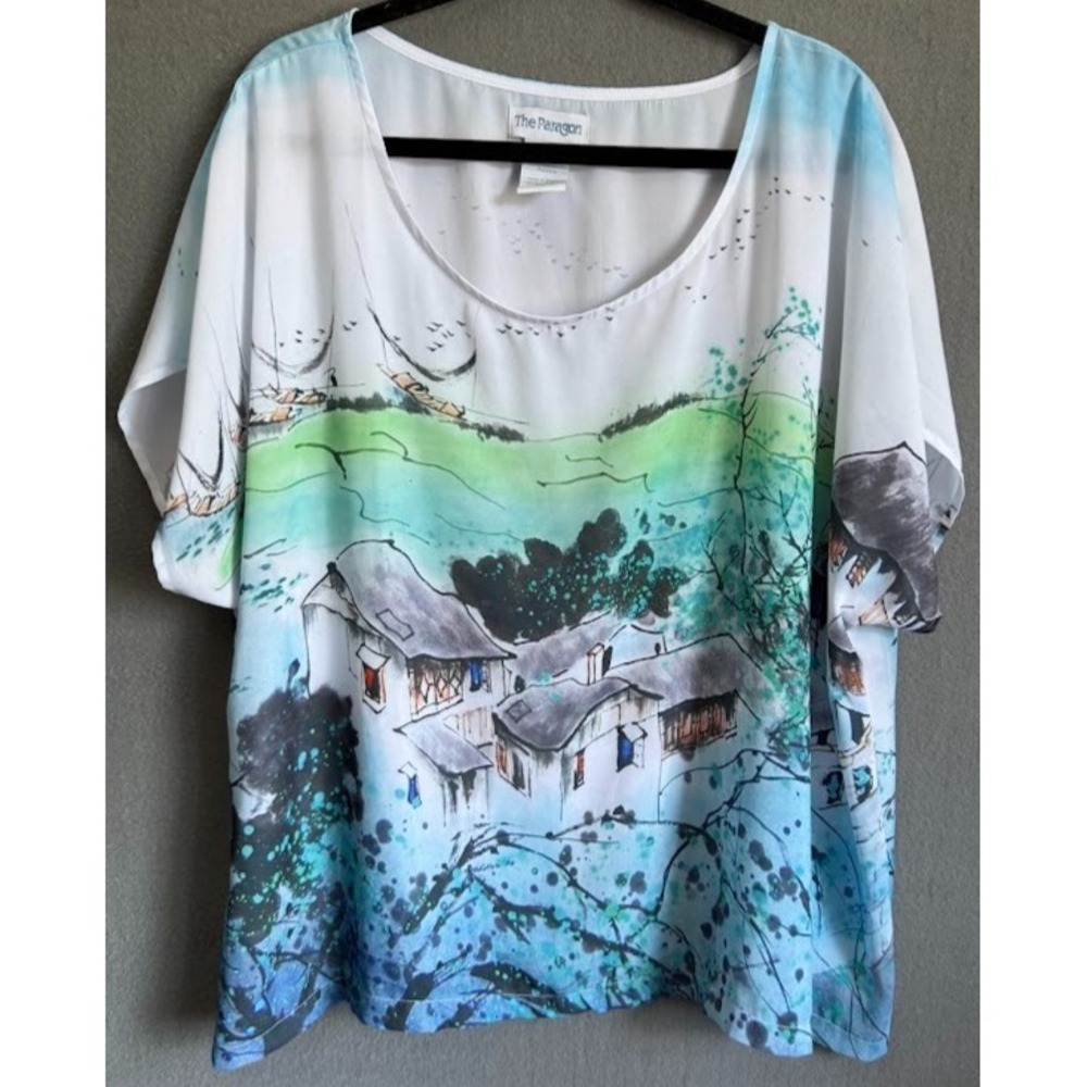 The Paragon Tunic Top‎ Women 0/S Multicolor Scenic Art Print Scoop Neck Casual
